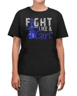 Woman wearing a black unisex t-shirt with the Fight Like a Girl Knockout design in blue on the front.  The design reads "Fight Like a Girl" and includes boxing gloves hanging from a blue awareness ribbon.