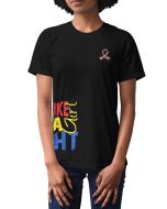 Woman wearing a black unisex t-shirt with the Fight Like a Girl Side Wrap design in autism puzzle colors printed on it.