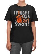 Woman wearing a black unisex t-shirt with the I Fought Like a Girl Knockout design in orange printed on it.