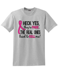 Heck Yes, They're Fake Unisex T-Shirt - Heather Grey w/ Pink [S]