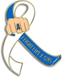 I Fight Like a Girl Fist Awareness Ribbon Lapel Pin - Blue & White