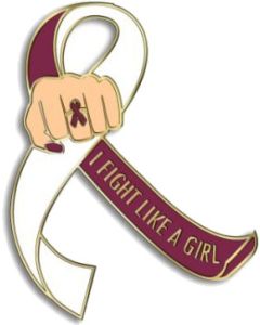 I Fight Like a Girl Fist Awareness Ribbon Lapel Pin - Burgundy & White