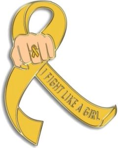 I Fight Like a Girl Fist Awareness Ribbon Lapel Pin - Gold
