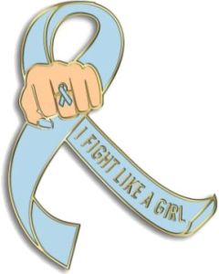 I Fight Like a Girl Fist Awareness Ribbon Lapel Pin - Light Blue