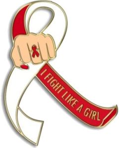 I Fight Like a Girl Fist Awareness Ribbon Lapel Pin - Red & White