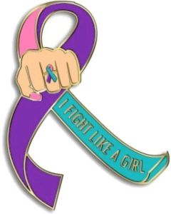 I Fight Like a Girl Fist Awareness Ribbon Lapel Pin - Teal, Purple, & Pink