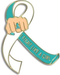 I Fight Like a Girl Fist Awareness Ribbon Lapel Pin - Teal & White