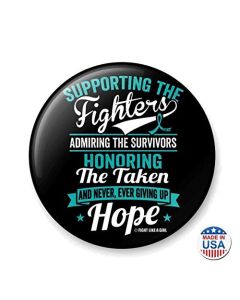 "Supporting Admiring Honoring" Round Button - Black w/ Teal