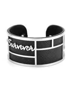 Survivor Wide Cuff Bangle Bracelet Stainless Steel for Survivors of Cancer, Chronic Pain, Handicaps, Injuries, and Diseases w/ Black Faux Leather Insert