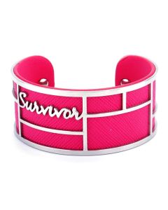 Breast Cancer Survivor Wide Cuff Bangle Bracelet Stainless Steel for Survivors of Cancer, Chronic Pain, Handicaps, Injuries, and Diseases w/ Hot Pink Leather Insert