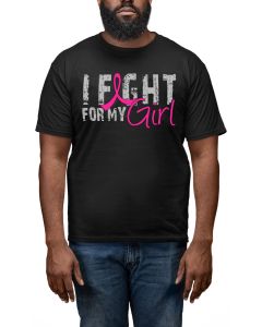 Man wearing a black unisex t-shirt with the I Fight for My Girl Grunge design in pink printed on it.