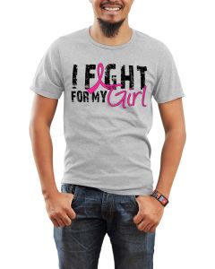 Man wearing a heather grey unisex t-shirt with the I Fight for My Girl Grunge design in pink printed on it.