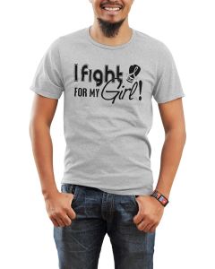 Man wearing a heather grey unisex t-shirt with the I Fight for My Girl Signature design printed on it.