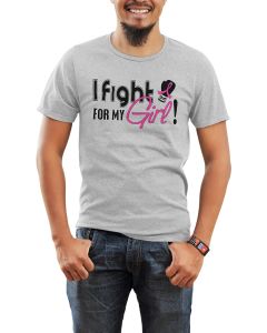 Man wearing a heather grey unisex t-shirt with the I Fight for My Girl Signature design in pink printed on it.