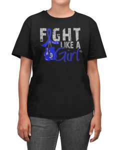 Woman wearing a black unisex t-shirt with the Fight Like a Girl Knockout design in blue on the front.  The design says "Fight Like a Girl" and includes boxing gloves hanging from a blue awareness ribbon.