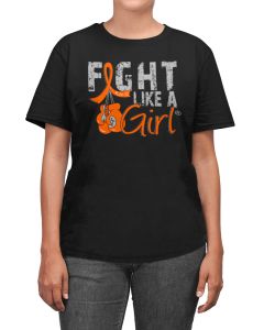 Woman wearing a black unisex t-shirt with the Fight Like a Girl Knockout design in orange on the front.  The design says "Fight Like a Girl" and includes boxing gloves hanging from an orange awareness ribbon.