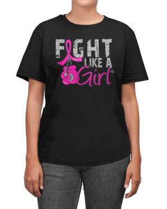 Woman wearing a black unisex t-shirt with the Fight Like a Girl Knockout design in pink on the front.  The design says "Fight Like a Girl" and includes boxing gloves hanging from a pink awareness ribbon.