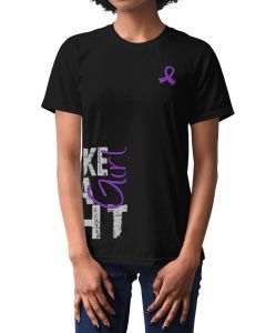 Woman wearing a black unisex t-shirt with the Fight Like a Girl Side Wrap design in purple printed on it.