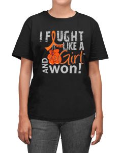 Woman wearing a black unisex t-shirt with the I Fought Like a Girl Knockout design in orange printed on it.