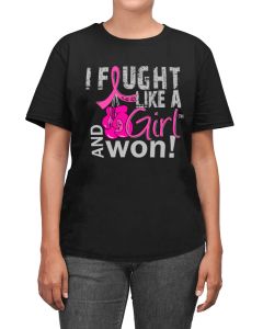 Woman wearing a black unisex t-shirt with the I Fought Like a Girl Knockout design in pink printed on it.