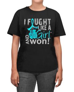 Woman wearing a black unisex t-shirt with the I Fought Like a Girl Knockout design in teal printed on it.