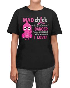 Woman wearing a black unisex t-shirt with the Mad Chick design in pink on the front.