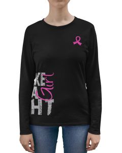 Woman wearing a black women's fit long sleeve t-shirt with the Fight Like a Girl Side Wrap design in pink printed on it.