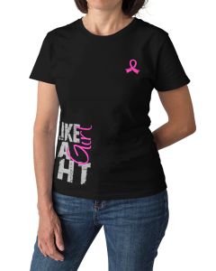 Woman wearing a black women's fit t-shirt with the Fight Like a Girl Side Wrap design in pink printed on it.