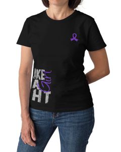 Woman wearing a black women's fit t-shirt with the Fight Like a Girl Side Wrap design in purple printed on it.