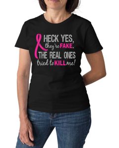 Woman wearing a black women's fit t-shirt with the Heck Yes They're Fake design printed on it.