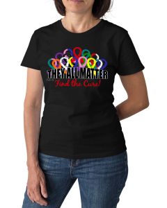 Woman wearing a black women's fit t-shirt with the They All Matter design printed on it.