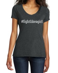 Fight Like a Girl Hashtag Women's Tri-Blend V-Neck T-Shirt - Black Frost [S]